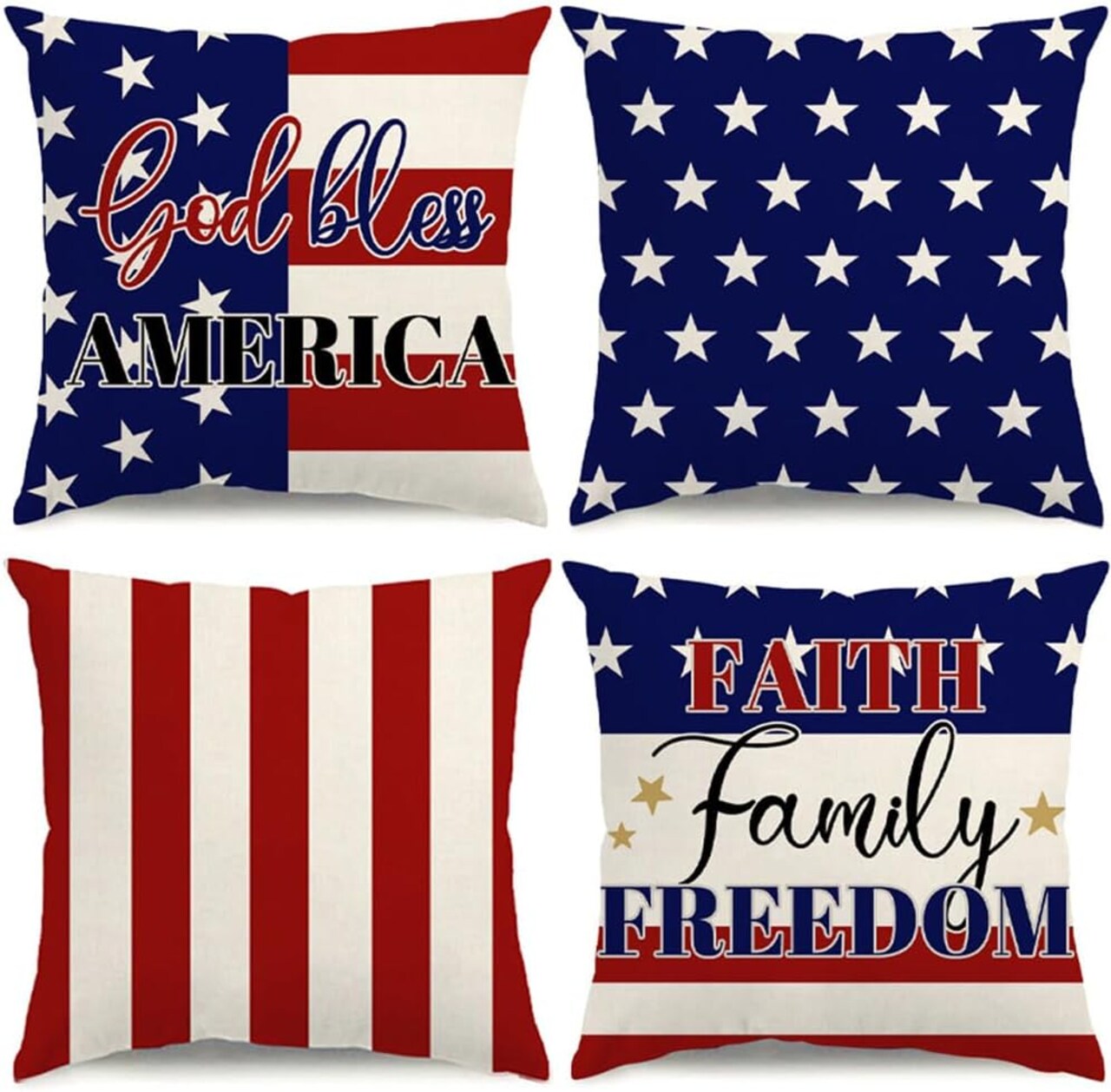 4th of July Pillow Covers – 18"x18" Patriotic Throw Pillow Cases with Stripes, Stars & "God Bless America" Design, Independence Day & Memorial Day Decorations, Set of 4 for Sofa, Couch, or Chair